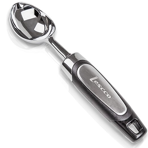 Ice Cream Scoop. Big, Durable, Unbreakable and Metal Construction with PVC Handle. Ideal For Hard, Frozen Ice Cream. Chrome color. By Lescco