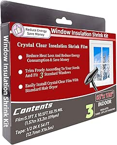 3-Window Shrink Film Window Insulation kit（62-Inch x 126-Inch），Insulating Film Window Kit Keeps Cold Air Out and Warm Air in (3 Windows)