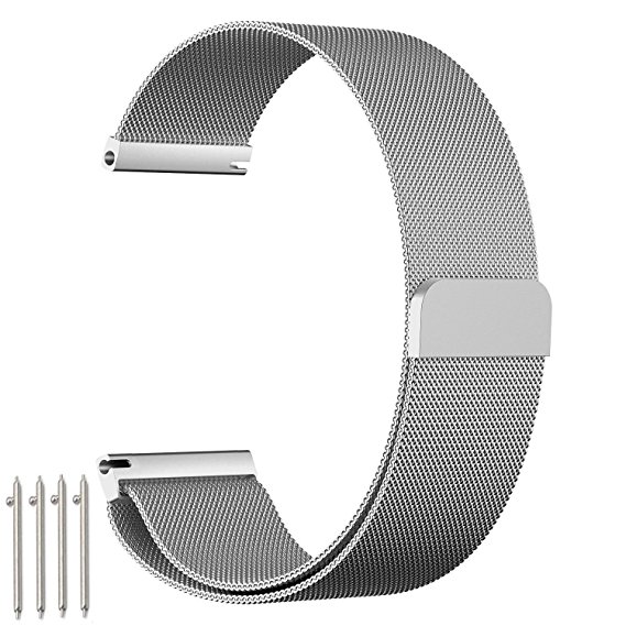 18mm 20mm 22mm Watch Band, amBand Fully Magnetic Closure Clasp Mesh Loop Milanese Stainless Steel Metal Replacement Band Bracelet Strap for Men's Women's Watch Black, Silver
