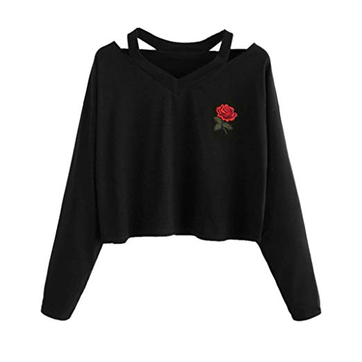YANG-YI HOT Fashion Womens Long Sleeve Sweatshirt Rose Print Causal Tops Blouse