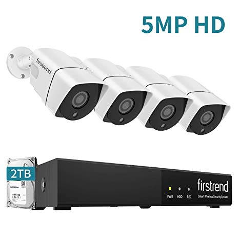 [2019 Newest] Firstrend 8 Channel 5MP HD NVR POE Home Security Camera System with 4pcs 5MP POE Cameras, 65ft Night Vision IP66 Weatherproof Surveillance Camera System NVR 2TB Hard Drive Pre-Installed