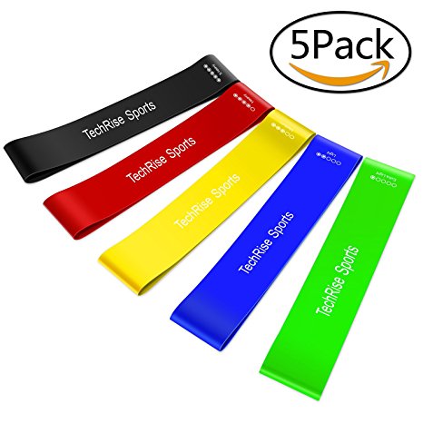 Resistance Loop Bands, Exercise Bands, TechRise Set of 5 Natural Latex Fitness Bands for Workout and Physical Therapy, E-Guide, Pilates, Yoga, Rehab, Improve Mobility and Strength