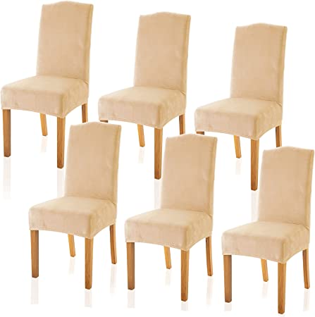 TIANSHU Velvet Chair Covers for Dining Room Set of 6, Soft Plush Dining Chair Slipcover, Stylish Removable Dining Room Chair Cover, Non-Slip Kitchen Chair Covers (6 Pack, Warm Sand)