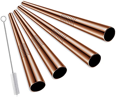 ALINK Extra Wide Reusable Rose Gold Stainless Steel Boba Smoothie Straws, 12mm Jumbo Metal Bubble Tea/Milkshakes Straws, Pack of 4 with Cleaning Brush & Carrying Case