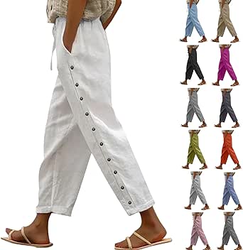 Linen Capris for Women Elastic Waisted Drawstring Capri Pants with Pockets Solid Side Button Casual Summer Cropped Pants