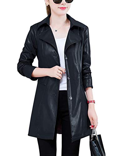 Jenkoon Women's Notch Lapel PU Leather Long Coat Jacket Single Breasted Trench Coat Jacket