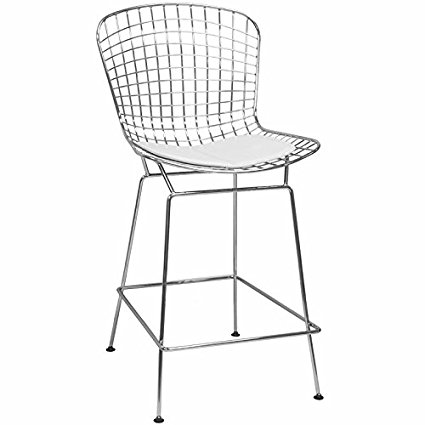 Mod Made Mid Century Modern Chrome Wire Counter Stool for Kitchen or Bar, White