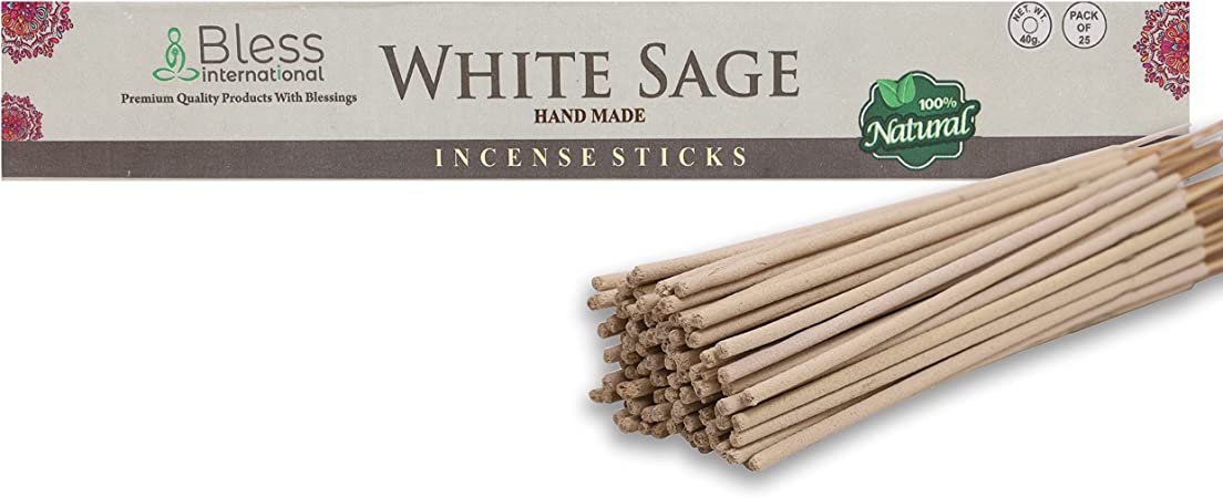 Bless-White-Sage-Incense-Sticks 100%-Natural-Handmade-Hand-Dipped-Incense-Sticks Organic-Chemicals-Free For-Purification-Relaxation-Positivity-Yoga-Meditation The-Best-Woods-Scent (25 Sticks (40GM))