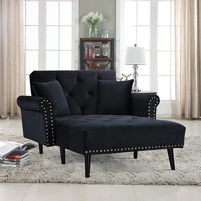 Divano Roma Furniture Modern Velvet Fabric Recliner Sleeper Chaise Lounge - Futon Sleeper Single Seater with Nailhead Trim (Black)