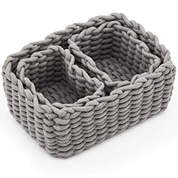 EZOWare Set of 3 Decorative Woven Cotton Rope Baskets and Storage Organizer, Perfect for Storing Small Household Items (Gray)