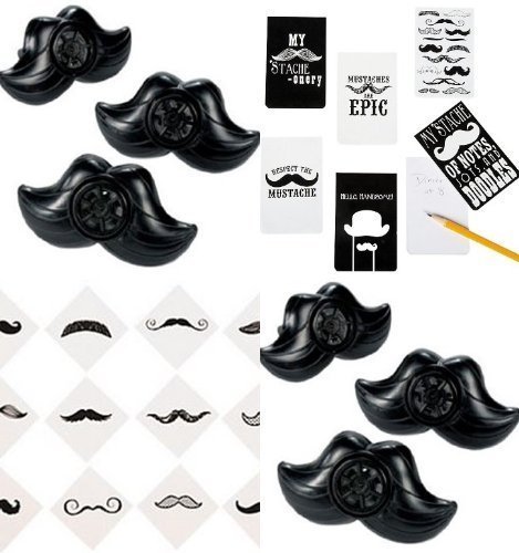 60 Pc Mustache Party Favors Set of (12) Moustache Notepads, (12) Mustache Whistles, (36) Mustache Finger Stache Tattoos