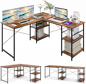 Giantex L Shaped Computer Desk, 60" Reversible Corner Desk with 4 Storage Shelves & Cable Holes, 95" 2-Person Long Study Writing Workstation with CPU Stand for Home Office (Rustic Brown)