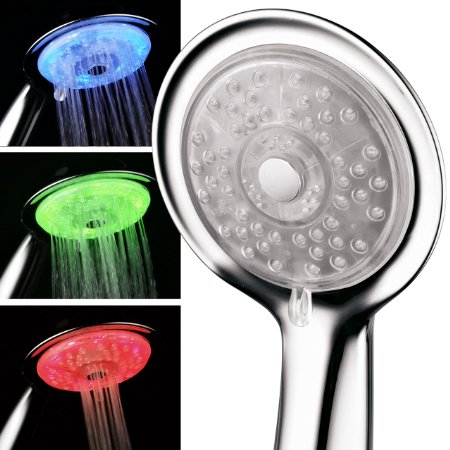 Luminex by PowerSpa® 7-Color 4-Setting LED Handheld Shower Head with Air Jet LED Turbo Pressure-Boost Nozzle Technology. 7 vibrant LED colors change automatically every few seconds