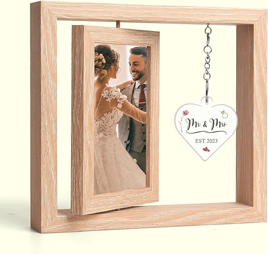 Rotating Floating Mr and Mrs Picture Frame - Wedding Gifts for Couples 2023, 4x6 Rustic Picture Frame - Wedding Gift, Bridal Shower Gifts for Bride to Be, Wife, Husband, Girlfriend, Boyfriend