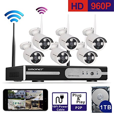 [Better Than 720P]Smonet 6 Channel 960P(1280X960) HD Wireless Video Security System (NVR Kit),6PCS 1.3MP Wireless Weatherproof Bullet IP Cameras,Plug and Play,65ft Night Vision,1TB HDD Pre-installed