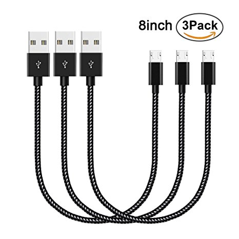 ONSON Micro USB Cable,3Pack 8 inch Short Nylon Braided High Speed Android Charger USB to Micro USB Cable Samsung Fast Charger Charging Cord for Samsung Galaxy S7 Edge/S6/S4/Note 5/Note 4 (Black)