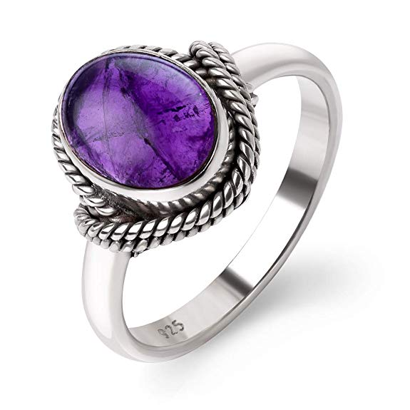 Chuvora 925 Sterling Silver Amethyst Gemstone Oval Rope Edge Vintage Band Ring Size 6, 7, 8