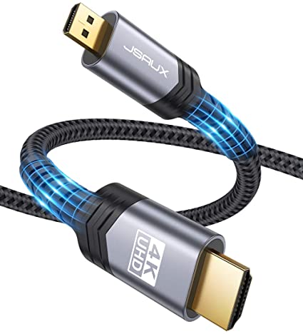 4K Micro HDMI to HDMI Cable 3.3 FT, JSAUX Micro HDMI to Standard HDMI Cord Braided Support 4k 60Hz HDR 3D ARC 18Gbps Compatible with Sony A6000 A6300 Camera, Lenovo Yoga and More (Grey)