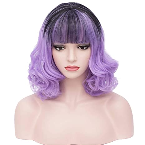 BERON 14'' Short Curly Women Girl's Charming Synthetic Wig with Air Bangs Wig Cap Included (Black Ombre Purple)