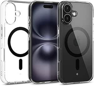 Caseology Capella mag para iPhone 16 Funda [Ultra Clear] Funda de protección de Grado Militar con Patrones de Agarre Lateral para iPhone 16 - Clear Black