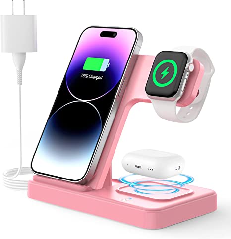 Wireless Charger for iPhone, Fast Wireless Charging Station for Multiple Devices Apple, 3 in 1 Wireless Charger Stand Compatible with Apple Watch, iPhone & AirPods, Wireless Charging Pad with Adapter