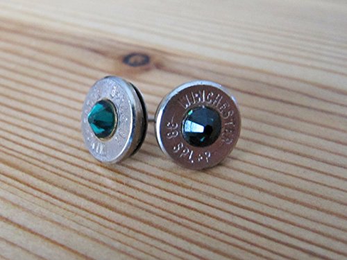 38 Caliber Bullet Earrings with Emerald Swarovksi Crystal Accents - May Birthstone Bullet Jewelry
