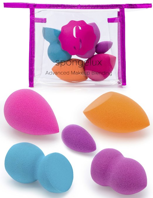 Makeup Blender Sponge Set - 5 Beauty Shapes In Miami Pink Cosmetics Bag - Original Egg Shape and New Mini Bullet - Non-Latex - Natural Looking Flawless Smooth Results