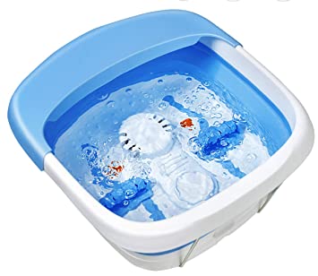 COSTWAY Foldable Foot Spa Bath Massager, 3 in 1 Function Electric Heated Feet Massager with Red Light, Air Bubble, Motorized Massage Tub with Massaging Rollers, Pumice Stone, Scrub Brush (Blue)