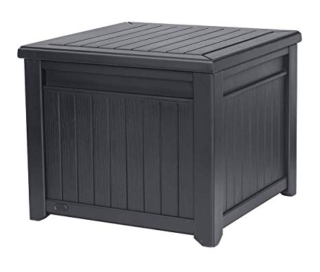 Keter 243644 Cube Wood-Look 55 Gallon All-Weather Garden Patio Storage Table, Grey