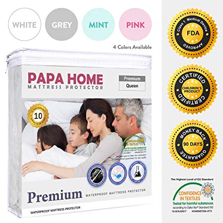 Papahome Premium Hypoallergenic Mattress Protector - Lab Tested Waterproof - Fitted Cotton Terry Cover - Vinyl Free - 4 Different Colors Available (Twin XL, White)
