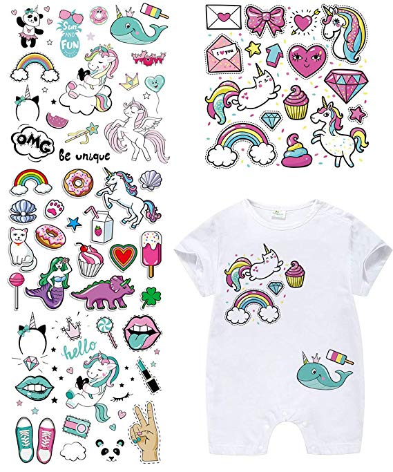 Baby Iron On Patches Unicorn Heat Transfer Stickers with Colorful Pattern Appliques Design Decoration A-Level Washable for T-Shirt Jeans Bags(4 Set)