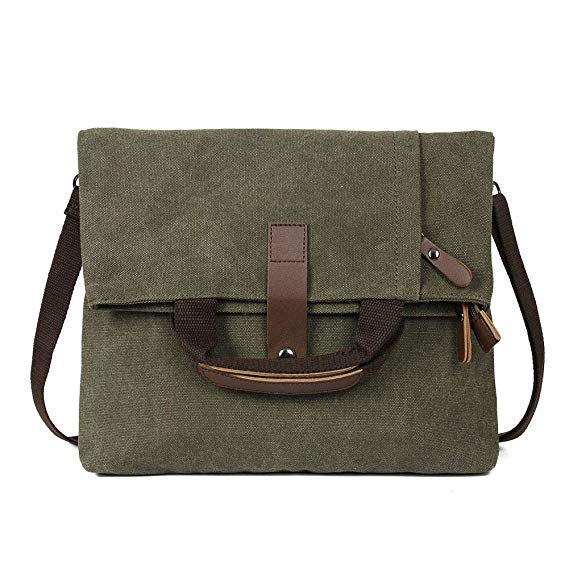 Messenger Bag,Huston Lowell Retro Canvas Crossbody&Handbag 2 in 1,Vintage Men and Women's Casual Waterproff Shoulder Laptop Bag for iPad Air iPad Pro Travel Working and Camping Anti Theft (Army Green)