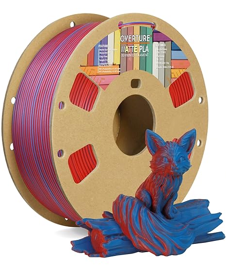 OVERTURE Dual Color Matte PLA 3D Printer Filament 1.75mm, Matte PLA 1kg Cardboard Spool (2.2lbs), Dimensional Accuracy  /- 0.02 mm (Matte Blue-Red)