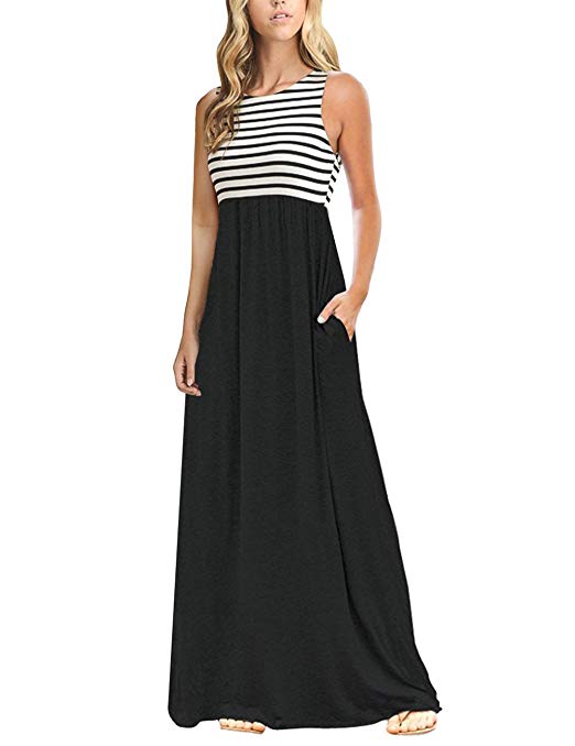 MEROKEETY Women's Summer Striped Sleeveless Crew Neck Long Maxi Dress Dress with Pockets