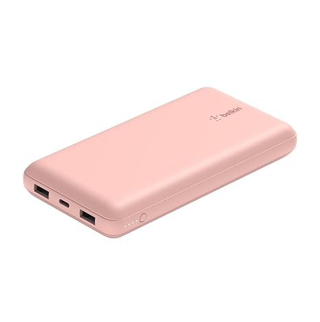 Belkin 20000 mAh 15W PD 3.0 Slim Fast Charging Power Bank with 1 USB-C and 2 USB-A Ports to Charge 3 Devices Simultaneously, for iPhones, Android Phones, Smart Watches & More - Rose Gold