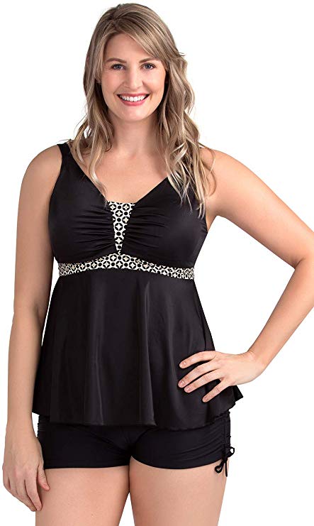 Perona Women's Two Piece Swimwear Sexy V Neck Tummy Control Tankini Plus Size Swimsuit