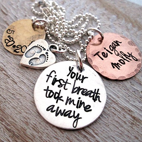 Mothers Necklace - Your First Breath - Personalized hand stamped necklace