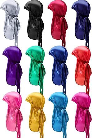 SATINIOR 12 Pieces Silky Durag Caps Soft Long Tail Headscarf Elastic Wide Straps Headwraps for Women Men Favors, 12 Colors