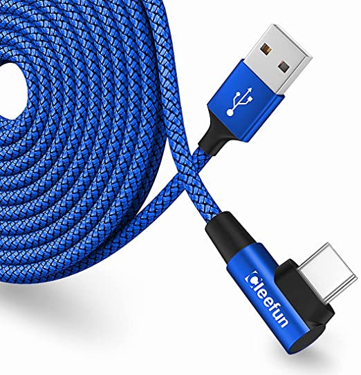 Right Angle USB C Cable 90 Degree [16ft/5m], CLEEFUN USB A to Type C Fast Charging Cable Braided USB-C Charger Cord Compatible with Samsung Galaxy S21 S20 S10 S9 S8 Plus Note 20 10 9 LG G8 V60 V50 V20