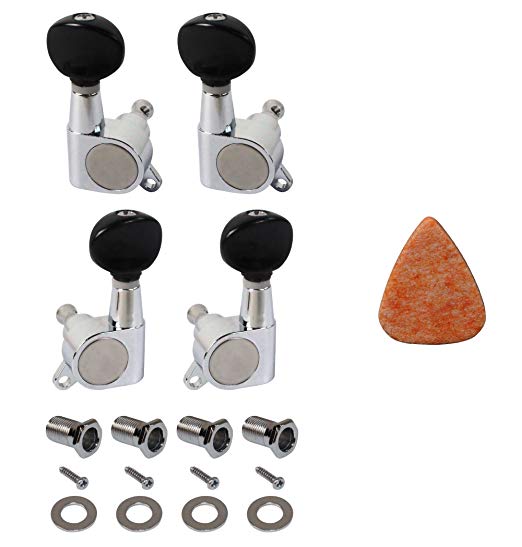 YMC TP-UK Series 4pcs Ukulele Tuning Pegs 2L2R Chrome Machine Heads Tuners for Ukuele with Pick, (Chrome with black buttons Handle)