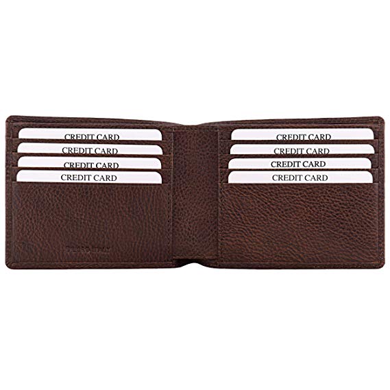 DiLoro Full Grain Textured Leather Slim Bifold Wallet for Men with RFID Blocking Technology holds min 8 Cards fits most Front Pockets in Gemini Brown