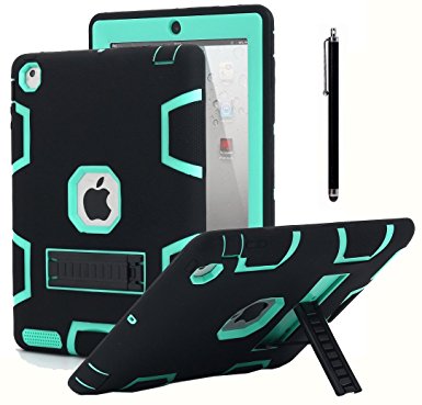 iPad 2 Case,iPad 3 Case,iPad 4 Case, AICase Kickstand Shockproof Heavy Duty Rubber High Impact Resistant Rugged Hybrid Three Layer Armor Protective Case with Stylus for iPad 2/3/4 (Black Mint Blue)