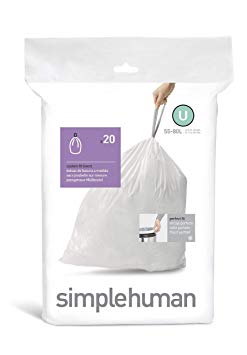 simplehuman Code U, Custom Fit Bin Liners, 20 Liners, White, 55 L