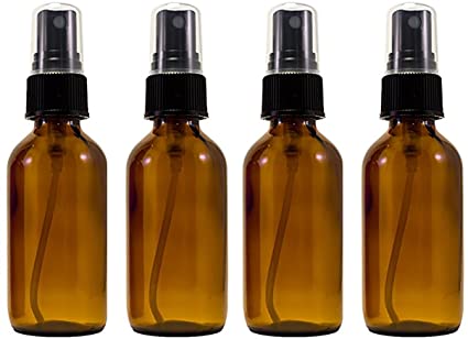 Amber Glass Spray Bottle (2 oz, 4 pk) with Bonus Waterproof Labels, Fine Mist Sprayer, for Essential Oils, Colognes & Perfumes, Highest Quality