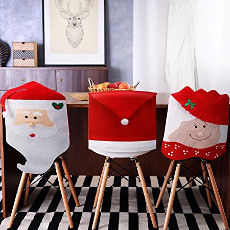 Tatuo 4 Pieces Christmas Chair Covers Decor, Santa Claus Red Hat Snowflake Chair Xmas Cap, Kitchen Dining Chair Slipcovers Sets for Christmas Holiday Festive Decorations (Red Santa Hat)