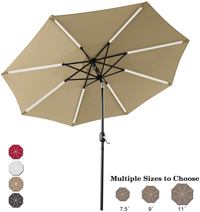 ABCCANOPY 9FT Patio Umbrella Solar Powered Outdoor Umbrella, Market Umbrella with 8LED Lights Bars, Push-Button Tilt and Crank for Garden, Deck, Backyard and Pool,Khaki