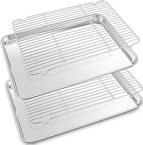 Half Cookie Sheet with Rack Set, P&P CHEF 17.5 Inch Stainless Steel Baking Sheet Pan and Rack for Baking Cooling Cooking, Bake Evenly & Durable, 2 Pans   2 Racks