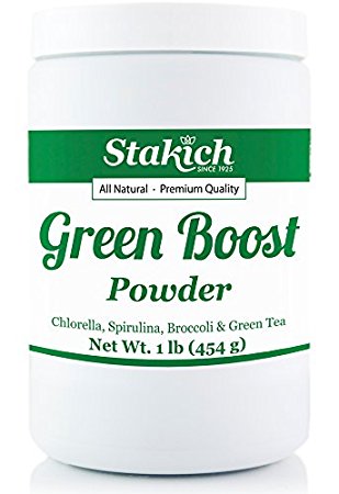 Stakich CHLORELLA SPIRULINA BROCCOLI GREEN TEA Powder Mix 1-LB - 100% Pure, Top Quality -