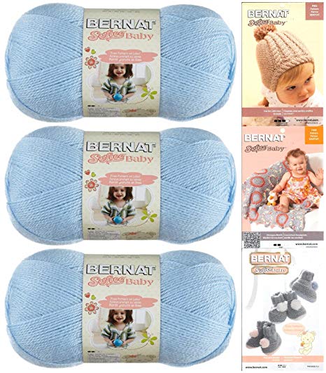 Bernat Softee Baby Yarn 3 Pack Bundle Includes 3 Patterns DK Light Worsted (Pale Blue)