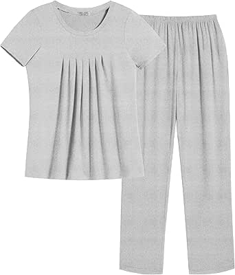 Ekouaer Pajama Set for Women 2 Piece Sleepwear Short Sleeve Pleated Top and Long Pants Soft Pjs Loungewear with Pockets